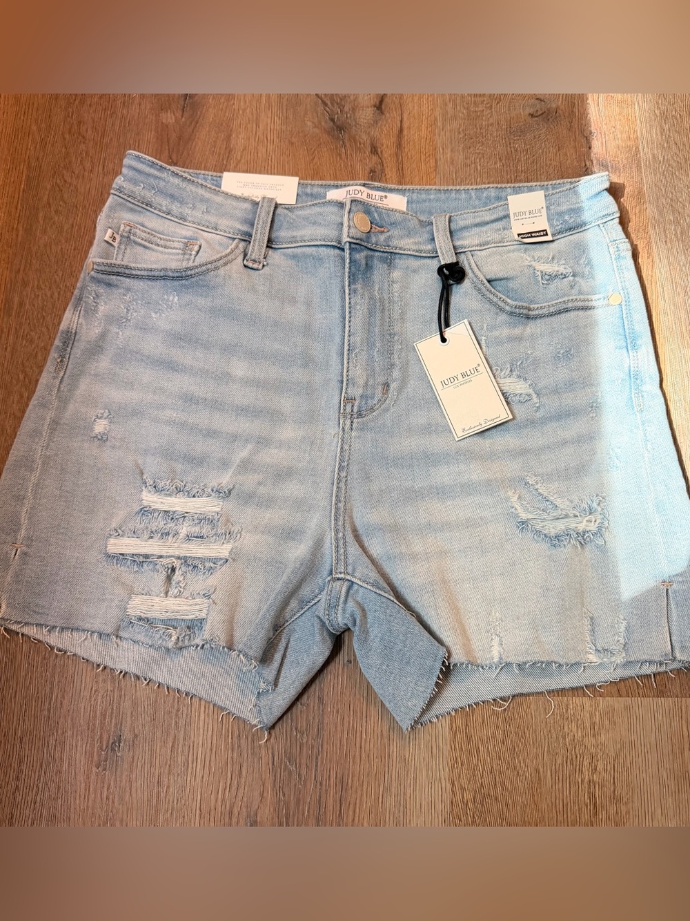 NEW- Judy Blue Light Wash High-Rise Distressed Denim Shorts